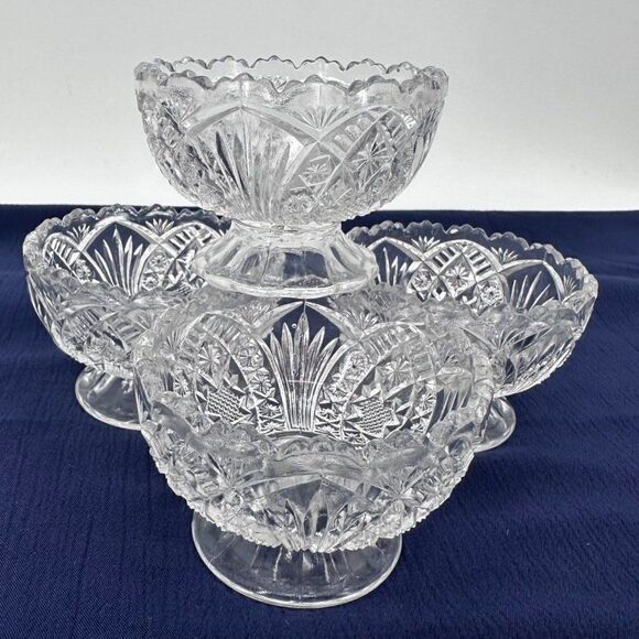 Vintage Clear Cut Glass EAPG Sherbert Dessert Berry Bowls (4) Arrowhead Sawtooth - Picture 2 of 11